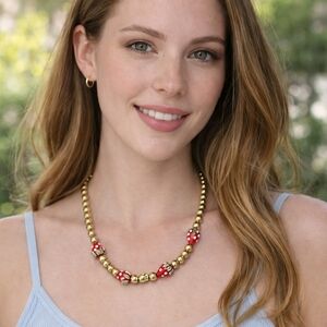Gold and Red Beaded Necklace